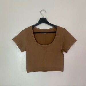 Offline by Aerie Tan Cropped Seamless Short Sleeve T-Shirt